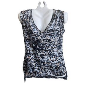 Jennifer Lopez Y2K Slinky Top-Abstract Animal Print-Blue/Tan-Rhinestone-Hi-Lo  S
